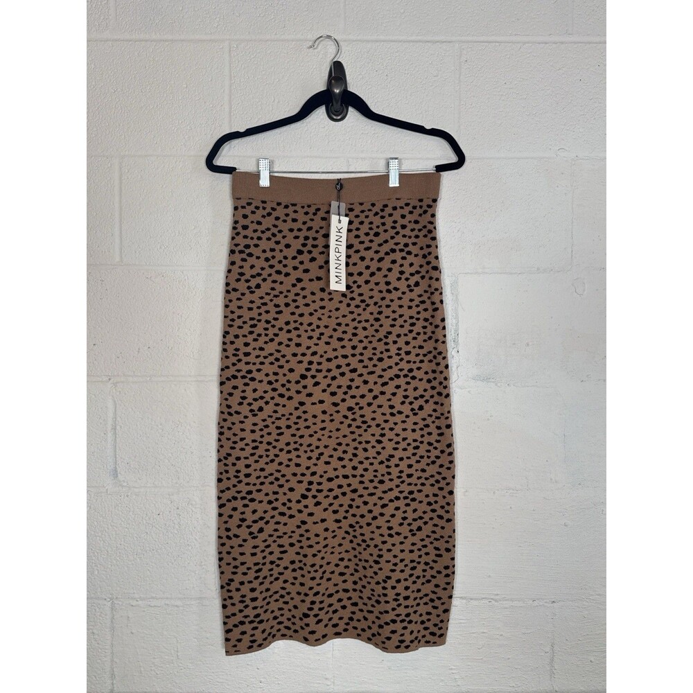 MINKPINK Luca Knit Leopard‎ Midi Skirt Tan Black Size L NWT Y2K Style